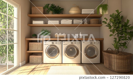 Modern Laundry Room with White Washing Machines and Wicker Baskets Modern Laundry Room with White Washing Machines and Wicker Baskets 127290820