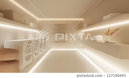 Modern Laundry Room with Minimalist Design and LED Lighting 127290845