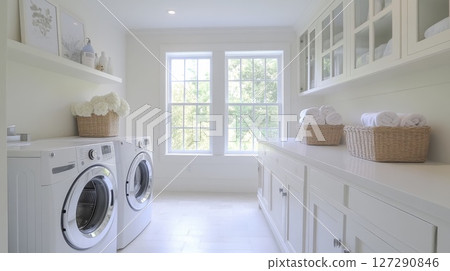 White Laundry Room with Washer, Dryer, and Baskets of Towels 127290846