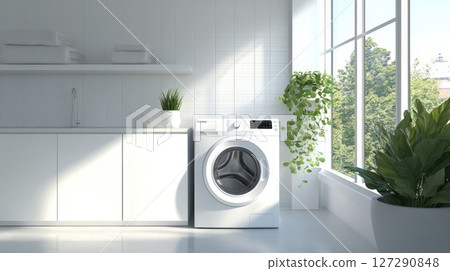 Modern Laundry Room with White Washing Machine and Greenery 127290848