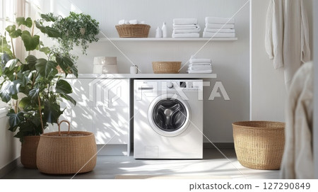 Modern Laundry Room with White Washing Machine, Baskets, and Plants 127290849