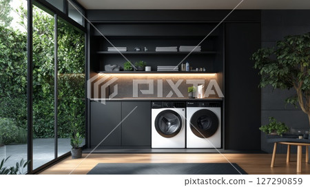 Modern Laundry Room with Black Cabinets and Two White Washers 127290859