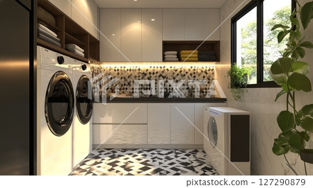 Modern Laundry Room with White Cabinets, Black and White Tile Floor, and Washing Machines 127290879