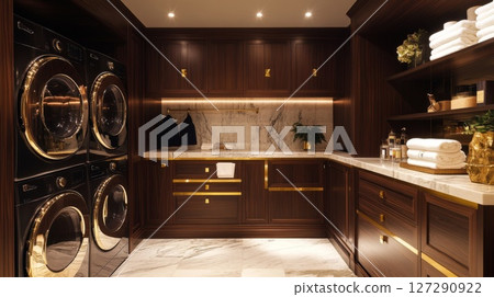 Modern Laundry Room with Gold Accents and Marble Flooring Modern Laundry Room with Gold Accents and Marble Flooring 127290922