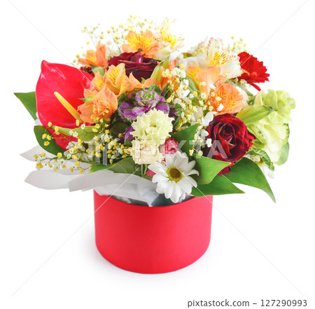 Beautiful bouquet in a red luxury present box Beautiful bouquet in a red luxury present box 127290993