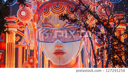 Beijing, China. Zigong Lantern Festival In Beijing. Amazing Glowing Lantern In Form Of Futuristic Chinese Girl. Lantern Festival In Beijing Garden Expo Park. National Intangible Cultural Heritage Of Beijing, China. Zigong Lantern Festival In Beijing. Amazing Glowing Lantern In Form Of Futuristic Chinese Girl. Lantern Festival In Beijing Garden Expo Park. National Intangible Cultural Heritage Of 127291258