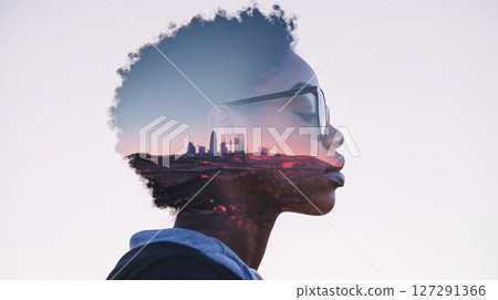 Double exposure of a black female astronaut with futuristic cityscape Double exposure of a black female astronaut with futuristic cityscape 127291366