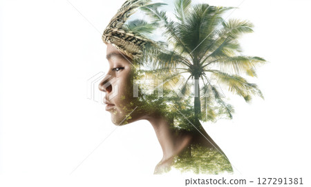 Double exposure of an Indigenous female with tropical environment, conceptual 127291381