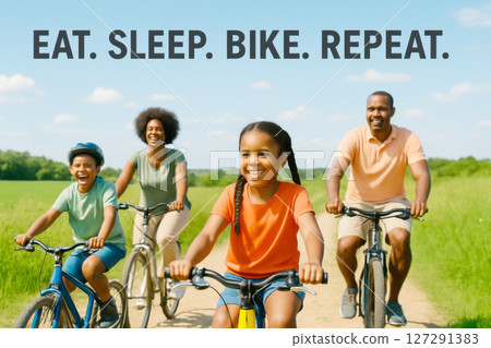 Family biking on sunny path with motivational text 127291383