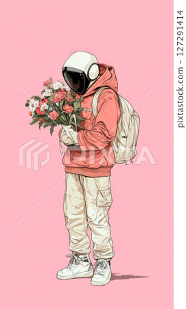 Astronaut holding bouquet of flowers on pink background 127291414
