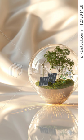 Eco concept for earth day with green trees, wind turbines and solar panels inside glass sphere, sustainable power background 127291419