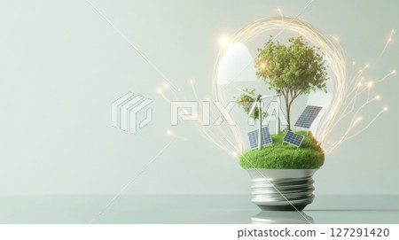 Eco concept for earth day with lightbulb, wind turbines and solar panels inside, sustainable power background 127291420