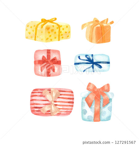Watercolor hand painted set with colorful gift boxes. Christmas and birthday gifts 127291567