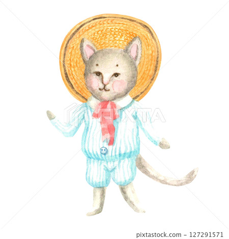 Watercolor hand drawn kitten in vintage suit and hat 127291571