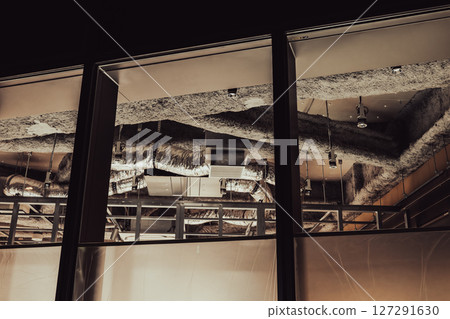 Skeleton ceiling seen through glass (nighttime construction) Skeleton ceiling seen through glass (nighttime construction) 127291630
