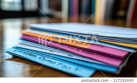 Stack of colorful papers with writing on them 127291693