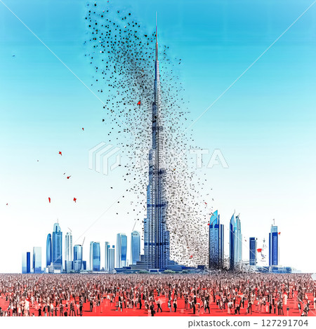Large crowd of people are gathered in front of a tall building 127291704