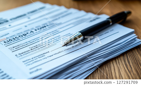 Pen is on top of a stack of papers 127291709