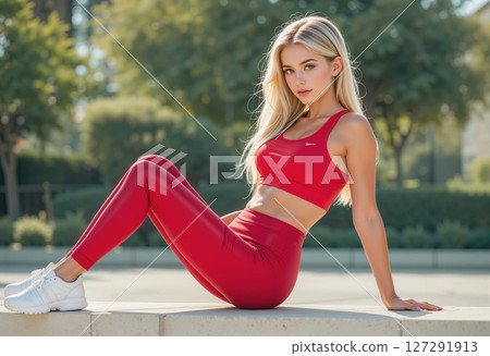 young woman doing yoga exercises outdoors in park 127291913