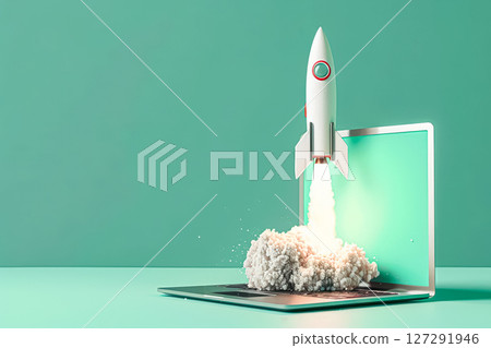 White rocket is launched into the air, leaving a trail of smoke behind it 127291946