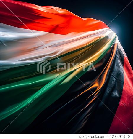 Flag with many colors is shown in a black and white photo 127291960