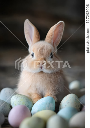 Cute little bunny is sitting on a pile of Easter eggs 127292008