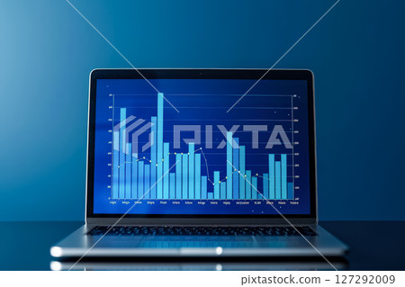 Laptop displaying a graph with a blue background. 127292009
