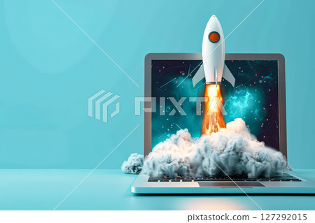 White rocket is flying through the sky above a laptop. White rocket is flying through the sky above a laptop. 127292015