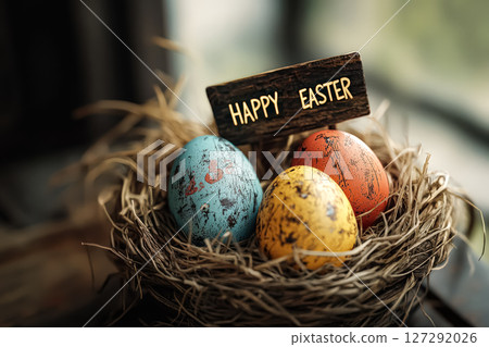 Basket of eggs with a sign that says Happy Easter 127292026