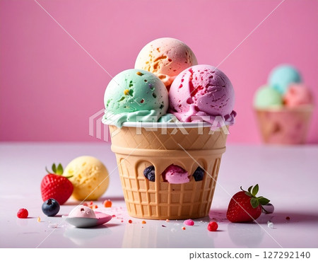Colourful ice cream in a cone Colourful ice cream in a cone 127292140