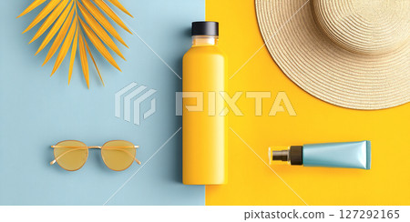 Summer essentials arranged on colorful background featuring sunglasses, water bottle, sun hat, and sunscreen, creating a vibrant seasonal atmosphere with bright colors 127292165