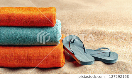 Vibrant beach towels stacked neatly on sandy surface beside stylish flip flops, creating a colorful summer vibe and inviting relaxation by the shore Vibrant beach towels stacked neatly on sandy surface beside stylish flip flops, creating a colorful summer vibe and inviting relaxation by the shore 127292168
