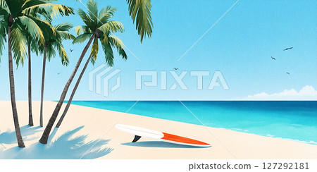 Tropical beach scene featuring palm trees, a surfboard resting on the sand, and a vibrant blue ocean under a clear sky, embodying summer water sports and relaxation vibes 127292181