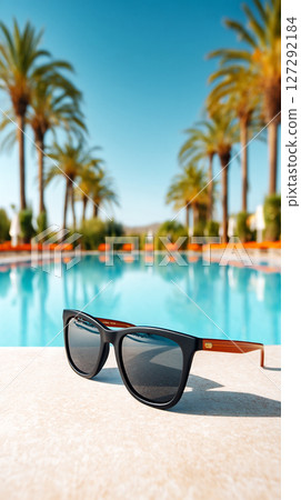 Stylish sunglasses resting on a stone surface near a shimmering pool surrounded by palm trees, capturing the essence of a vibrant summer getaway 127292184