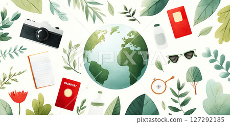Colorful flat illustration featuring a globe surrounded by travel essentials like a camera, passport, sunglasses, and nature elements, embodying the spirit of summer adventures and exploration 127292185
