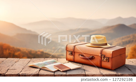 Vintage leather suitcase with a straw hat and travel books on a stone ledge overlooking a scenic mountain landscape, evoking a sense of summer adventure and exploration 127292186