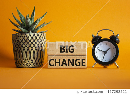 Big Change symbol. Wooden blocks with words Big Change. Beautiful orange background with alarm clock and succulent plant. Business and Big Change concept. Copy space. 127292221