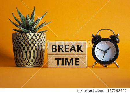 Break Time symbol. Wooden blocks with words Break Time. Beautiful orange background with alarm clock and succulent plant. Business and Break Time concept. Copy space. Break Time symbol. Wooden blocks with words Break Time. Beautiful orange background with alarm clock and succulent plant. Business and Break Time concept. Copy space. 127292222