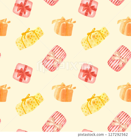 Watercolor hand drawn seamless pastel yellow pattern with gift box 127292562