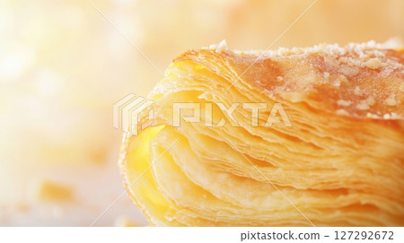 Close-up food photo of a croissants intricate texture and airy interior in soft warm light, emphasizing lamination and craftsmanship. 127292672