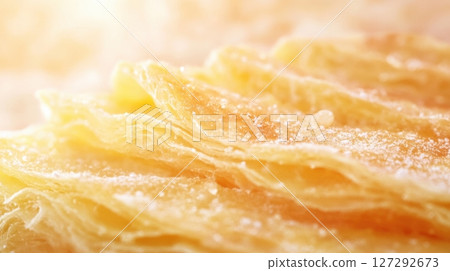Close-up food photo of a croissants intricate texture and airy interior in soft warm light, emphasizing lamination and craftsmanship. 127292673