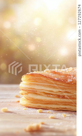 Extreme macro of a butter croissant showcasing flaky golden crust, delicate layers, and a warm, artisanal atmosphere with scattered crumbs. 127292674