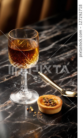 Gourmet pairing of cocktail and dessert on silverware for high-end culinary design projects. 127292718