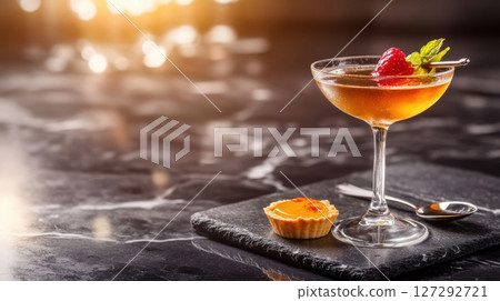 High-end mixology scene with vermouth cocktail and mini gourmet tart on silver spoon, dramatic lighting, black marble surface, rich textures 127292721