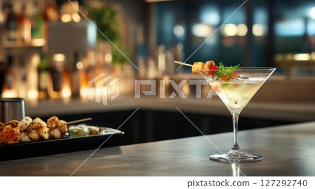 Visual story of modern luxury with designer cocktail and snack pairing captured in a chic bar setting. 127292740