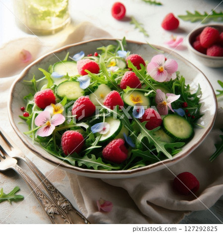Photogenic salad with vibrant greens and berries, garnished with delicate petals on a clean white background, perfect for editorial food styling. 127292825