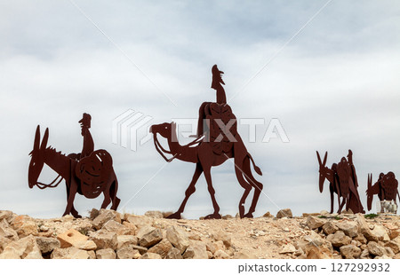 Metal sculptures in the ancient Nabatean castle of Avdat National Park in the Negev Desert of Israel 127292932