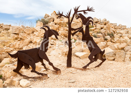 Metal sculptures in the ancient Nabatean castle of Avdat National Park in the Negev Desert of Israel 127292938