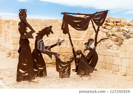Metal sculptures in the ancient Nabatean castle of Avdat National Park in the Negev Desert of Israel Metal sculptures in the ancient Nabatean castle of Avdat National Park in the Negev Desert of Israel 127292939
