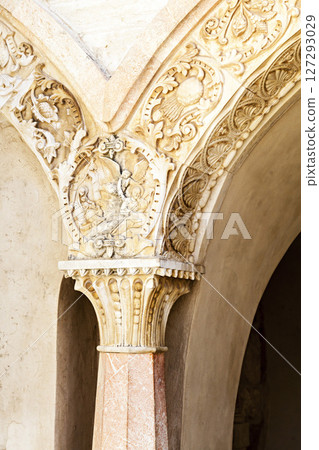 Ornately carved column of a Milk Grotto Church in Betlehem 127293029